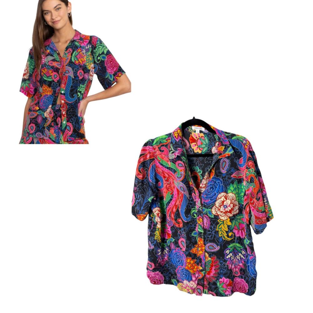 Johnny Was 100% Silk Dark Moody Floral Short Sleeve Hidden Button Blouse  Medium